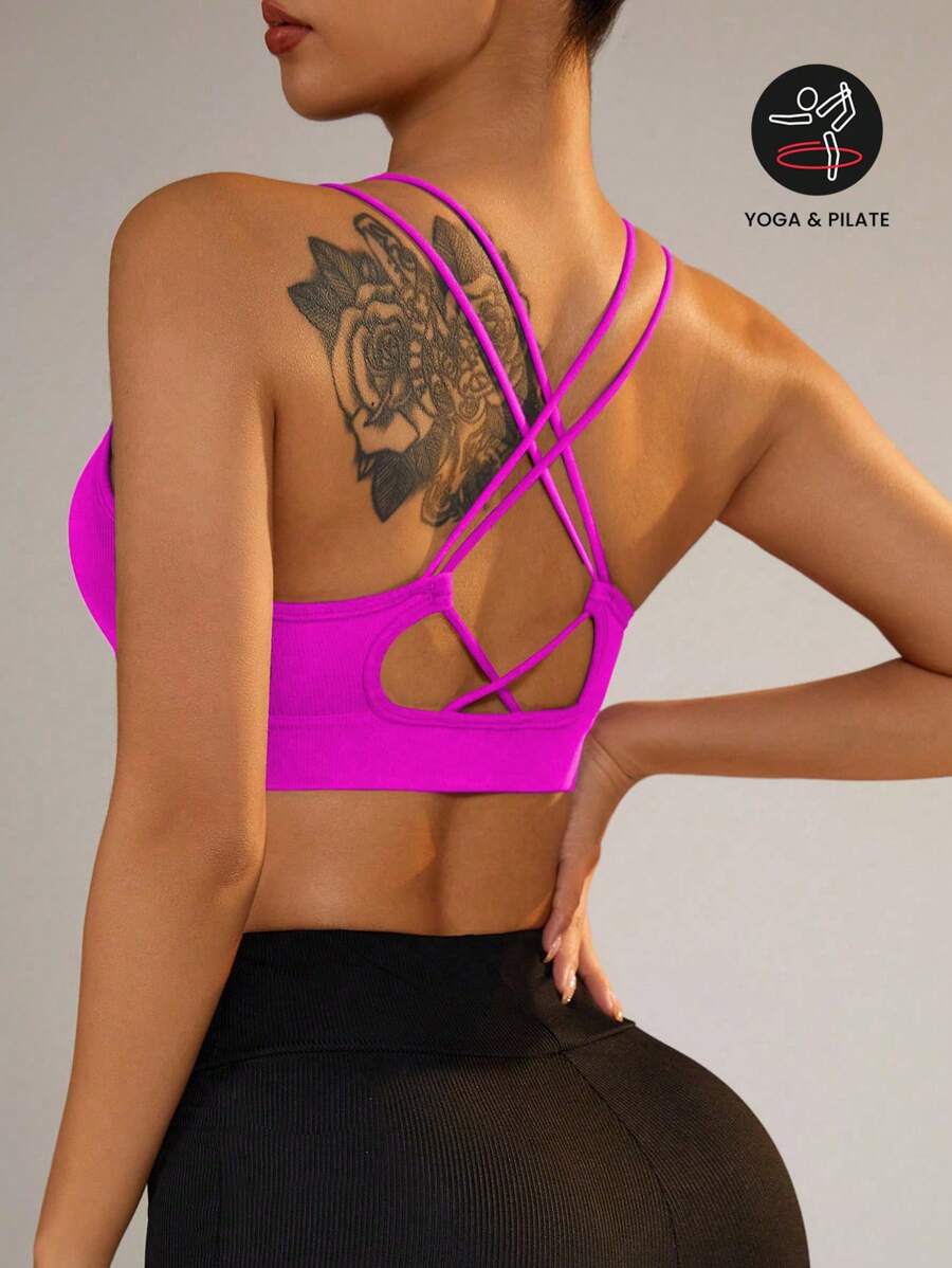 Gameset SHEIN Sport Seamless Solid Color Round Neck Backless Sports Bra - Hot Pink - View 1