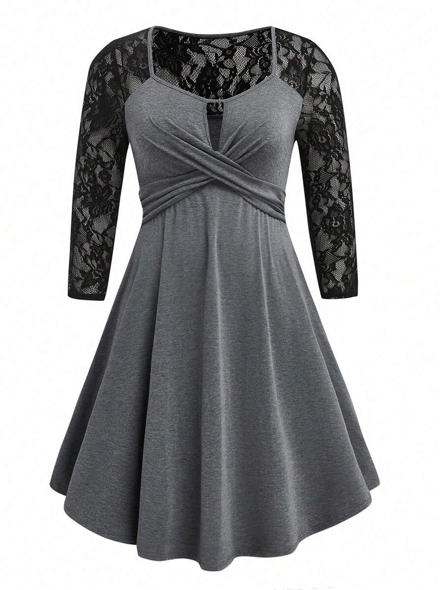 SHEIN LUNE Robe longue élégante en dentelle ajourée et à patchwork, grande taille - Multicolore - Voir 1