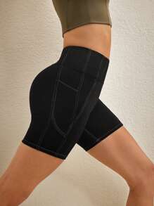 Activina 高腰纯色无缝夏季运动短裤 - 黑色 - 查看 3