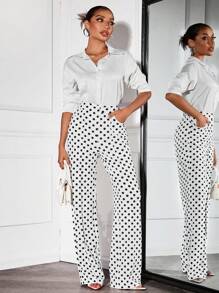 SHEIN SXY Pantalones rectos elegantes con estampado de lunares negros y blancos para mujeres - Blanco y Negro - Ver 1
