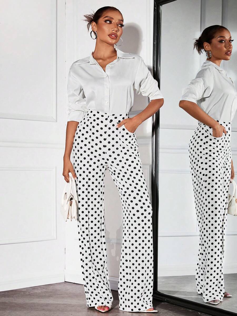 SHEIN SXY Pantalones rectos elegantes con estampado de lunares negros y blancos para mujeres - Blanco y Negro - Ver 1