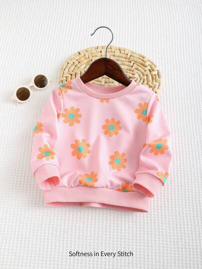 Cozy Pixies 女婴休闲彩色花卉印花撞色圆领落肩运动衫