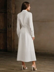 Anewsta Vestido camisa blanco de dama con cintura estilizada decorado con strass largos - Blanco - Ver 4