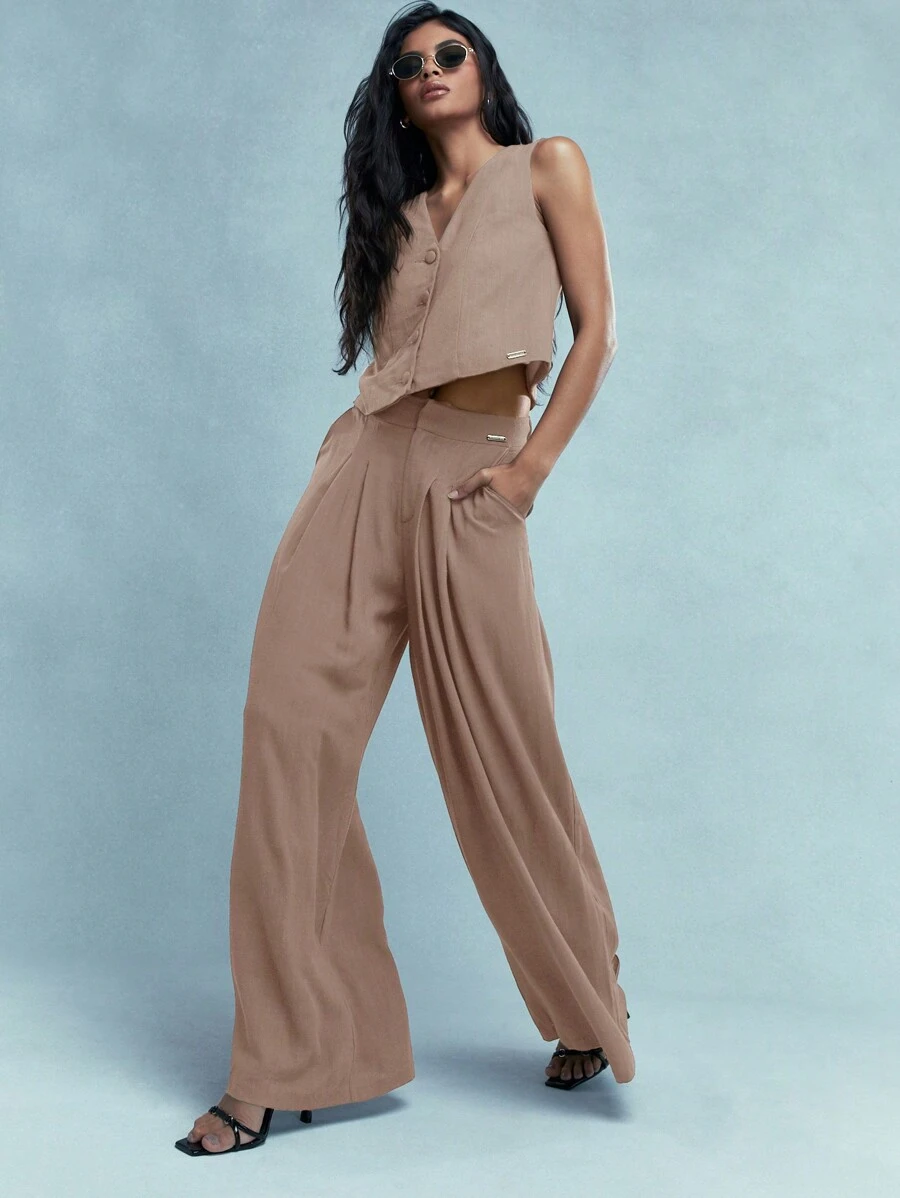 MISSGUIDED 纽扣背心和褶皱阔腿裤套装 - 卡其色 - 查看 1