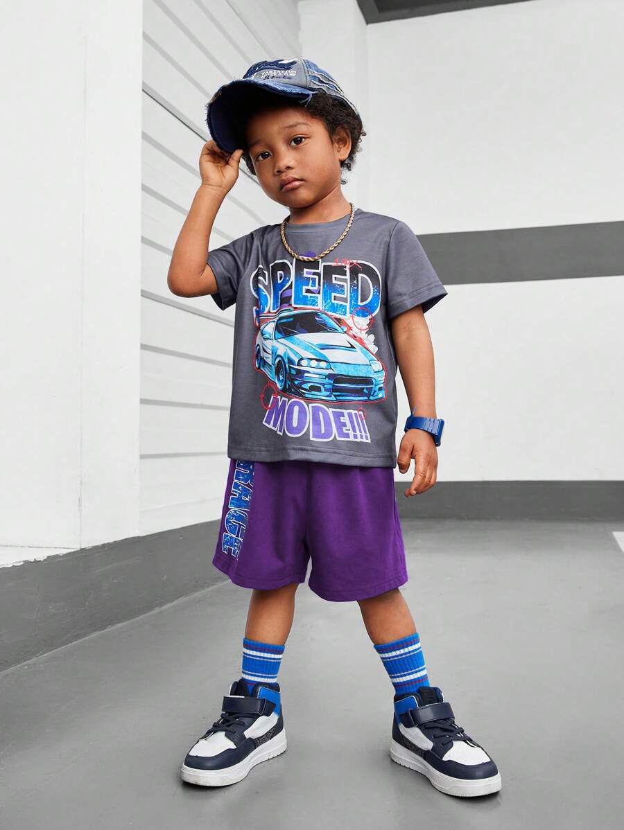 SHEIN 2 件装年轻男童休闲卡通汽车和字母印花短袖 T 恤和短裤夏季套装 - 彩色 - 查看 1