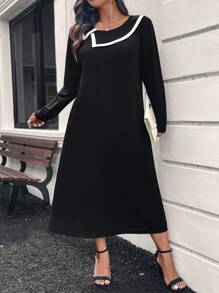 SHEIN LUNE Plus Size Black And White Contrast Trim Dress With Collar Winter Clothes - Black and White - View 6