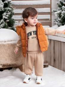 SHEIN 3 sztuki/zestaw chłopięcy ciepły jednolity kolor polarowa kamizelka, bluza z kapturem, zestaw długich spodni na jesień i zimę, odpowiedni na zewnątrz, narciarstwo