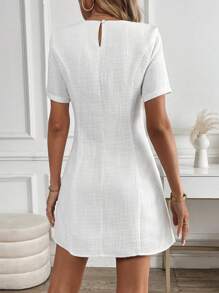 Ellegaria. Tweed Crewneck Short Sleeve Faux Pocket Mini Dress - White - View 2