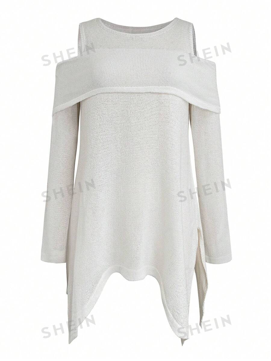 SHEIN LUNE Suéter casual de hombros abiertos de manga larga con dobladillo asimétrico de unicolor para mujeres de tallas grandes