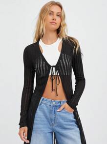 Muchica Áo len cardigan cực dài hợp thời trang & hợp thời trang, cho những chuyến đi lộng gió - màu đen - Xem 3