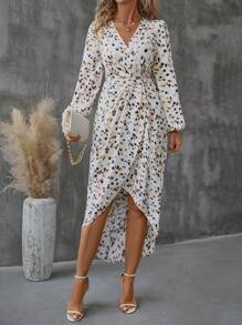 Chiquease 女式优雅 V 领褶皱下摆开衩花卉印花长袖连衣裙，春夏 - 杏色 - 查看 4