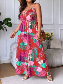 Breezaya 大码细肩带露背优雅全身印花连体裤 - 紅色 - 查看 4