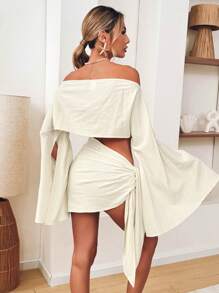 SHEIN VCAY Bộ 2 áo crop top trễ vai màu trơn đơn giản và chân váy viền bất đối xứng cho nữ - Màu be - Xem 3