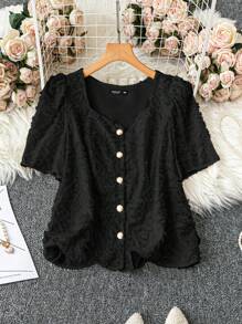 Mulvari Plus Size Summer Elegant Solid Color Cutout Puff Sleeve Blouse - Black - View 1
