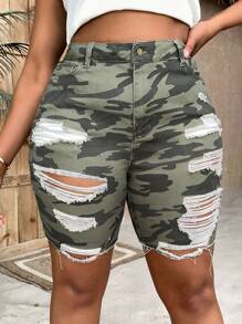 SHEIN SXY Plus Camo Print Ripped Raw Hem Denim Shorts - Multicolor - View 1