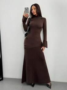 Calvaya High Neck Fitted Semi-Sheer 3D Floral Long Women's Sweater Dress