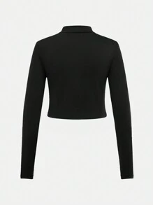 SHEIN 2pcs Tween Girls Casual Open Front Solid Color Jacket And Pleated Hem Skirt Sports Set - Black - View 4