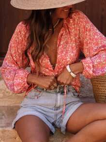 INAWLY Áo cánh dài tay thắt nút cổ chữ V sâu in họa tiết đầy đủ cho kỳ nghỉ thường ngày của phụ nữ - Hồng - Xem 5