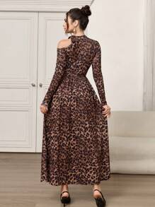 Modelyn 女士动物豹纹镂空不对称领口长袖连衣裙超长女士装长款晚礼服