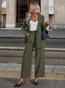 SHEIN LUNE Conjunto de traje para mujer: chaqueta y pantalones - Verde militar - Ver 5
