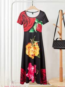 SHEIN LUNE Vestido de longitud media elegante con estampado de rosa para mujer, verano