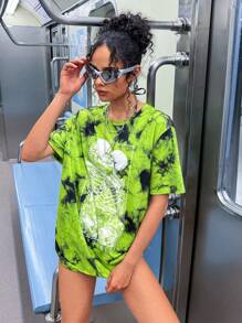 Deniart 艺术家男女通用扎染宽松圆领 T 恤、图案 T 恤、万圣节、Y2K、街头服饰、深色、节日、度假、节日、伊比沙岛风格 - 彩色 - 查看 5