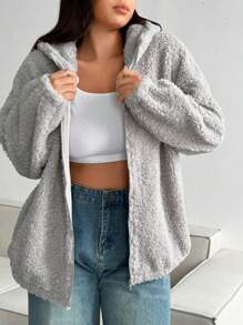 Flirla Plus Size Solid Color Long Sleeve Minimalist Hooded Jacket, Casual Everyday Wear - Grey - View 7