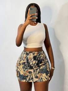 Slaydiva New Casual Street Style Three-Dimensional Workwear Pockets With Back Elastic On Both Sides And All-Over Tree Branch Print Mini Skirt For Women - Multicolor - View 6