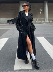 SHEIN EZwear Abrigo de trinchera de PU casual y sencillo de manga larga con cuello de solapa de color liso