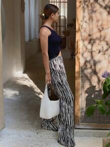 DAZY Women's Textured Fabric Zebra Print Straight Leg Elastic Waist Pants Boho,Ruffle - Black and White - View 5