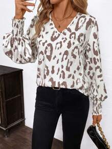 SHEIN Clasi Women's Leopard Print V-Neck Long Sleeve Casual Blouse Work Blouse - Multicolor - View 4