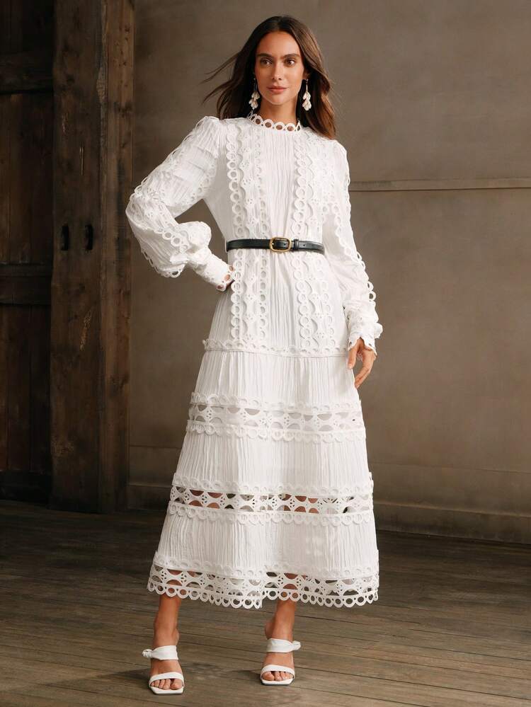Romantic Elegant Lace Chiffon Lantern Sleeve High Collar Ruffle Waist Slim Fit Long Dress For Women