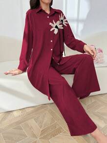 Mulvari Bộ 2 chiếc áo cánh dài tay cài nút họa tiết hoa thời trang xuân/hè cho nữ và quần thường ngày - Đỏ - Xem 4