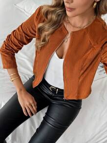 SHEIN Clasi Spring Autumn Casual Solid Color Front Zip Up Cropped Jacket, Women Fall Clothes - Khaki - View 5