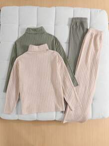 SHEIN 4pcs Tween Girl Loose Retro Knitted Turtleneck Loose Ribbed Long Sleeve T-Shirt And Wide Leg Pants Two-Pieces Set - Multicolor - View 8
