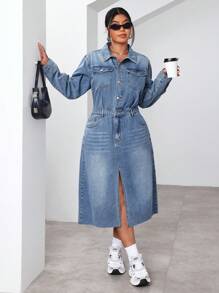 Plus Size Women's Long Sleeve Split Hem Casual Denim Dress, Spring/Summer - Medium Wash - View 3