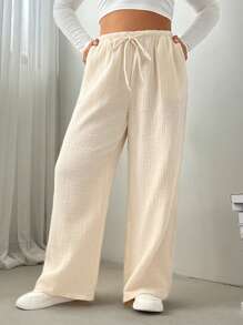 SHEIN EZwear Plus Size Women's High Waist Drawstring Loose Wide Leg Casual Apricot Pants - Apricot - View 5