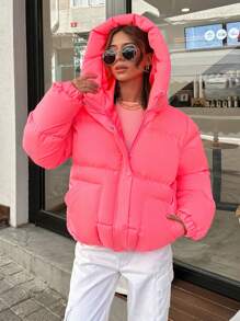 EURMUSE DAZY Solid Zip Up Big Hooded Puffer Thick Winter Coat - Pink - View 6