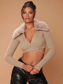 Hauture Fur Collar Rib Knit Wrap Around Cardigan Top - Khaki - View 4