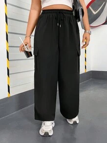 Flirla Plus Size Back-To-School Black Cargo Pants, Straight Leg, Elastic Waist With Drawstring - Black - View 7