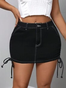 SHEIN SXY Women's Casual Side Drawstring Fitted Mini Denim Skirt, Summer - Black - View 6
