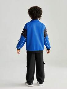 SHEIN Conjunto de 2 piezas para niños preadolescentes, chaqueta con bloques de color y pantalones cargo de moda