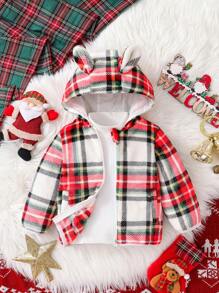 Baby Boy Plaid Long Sleeve Hoodie Jacket With Adorable Ear Design, Autumn/Winter, For Christmas - Burgundy - View 1