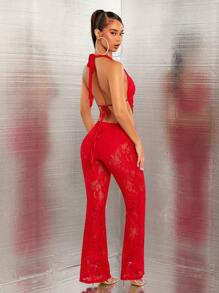 SHEIN SXY Quần áo mùa thu cho nữ; Bộ 2 áo yếm ren đỏ gợi cảm hở lưng và quần ống loe cho buổi hẹn hò/tiệc tùng/hộp đêm/năm mới/ngày lễ tình nhân; Bộ màu đỏ; - Đỏ - Xem 3