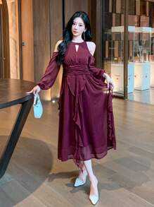 DAZY Women Solid Color Ruffle Ruffle Hem Chiffon Dress, Birthday ,New Year Eve Valentine Valentine's Day Prom Dress,Fall Clothes