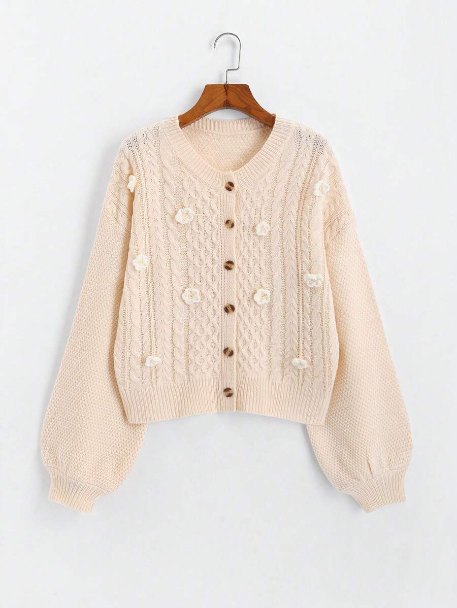 SHEIN Unity 纯色花卉贴花前纽扣长袖开衫 - 杏色 - 查看 1