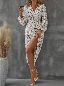 Chiquease 女式优雅 V 领褶皱下摆开衩花卉印花长袖连衣裙，春夏 - 杏色 - 查看 3