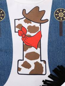 SHEIN 男婴奶牛印花圆领短袖 T 恤和拼布流苏裤休闲 2 件套服装，春夏 - 藍色 - 查看 5