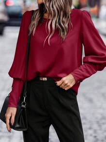EMERY ROSE Women's Solid Color Elegant Fall Blouse With Gigot Sleeve And Single Back Button, Spring Summer,Long Sleeve Tops - Burgundy - View 4