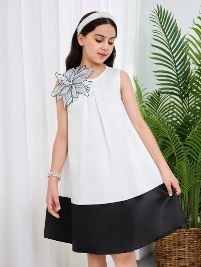 SHEIN DRMZ Tween Girl Tween Girl 3D 花卉装饰拼色无袖圆领 A 字形连衣裙